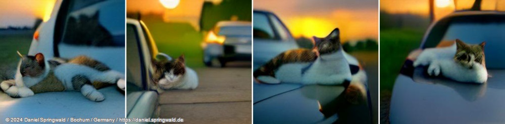 A photo of a cat laying on a car in front of a beautiful sunset by Dall-E mini