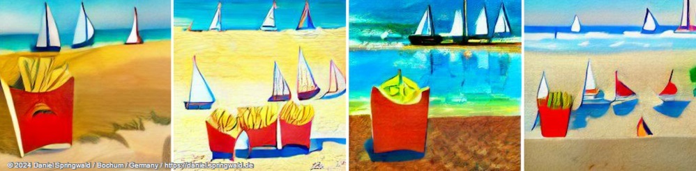 A beautiful painting of french fries on the beach with sailboats in the background by Dall-E mini