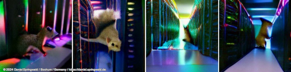 A photo of a squirrel at a computer in a server room, with lots of colorful lights by Dall-E mini