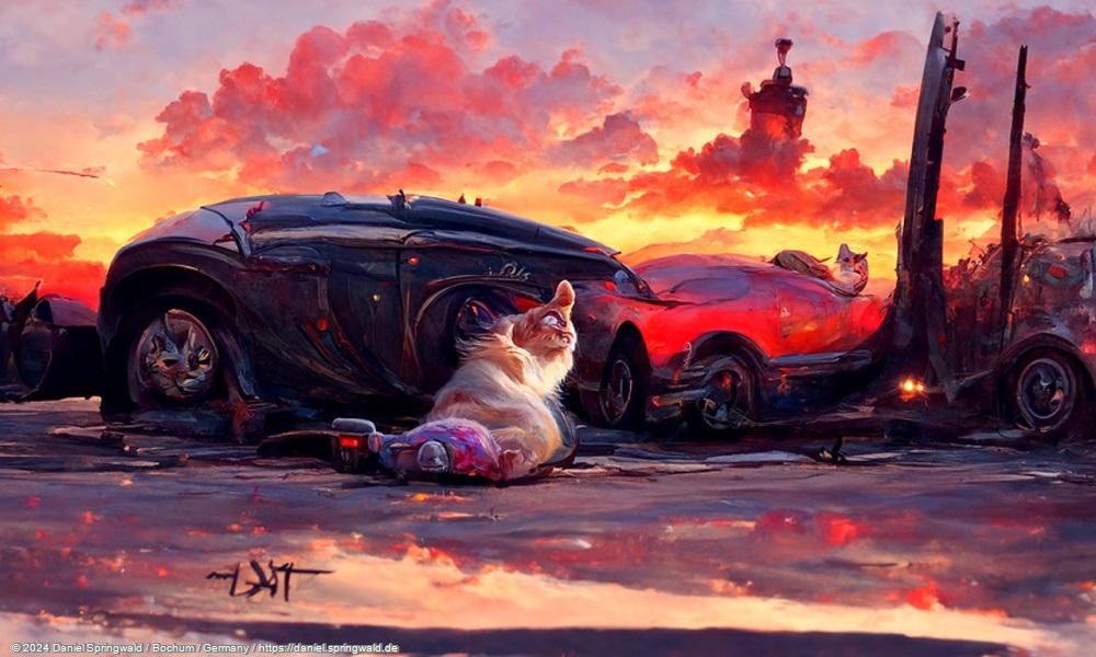 A painting of a cat laying on a car in front of a beautiful sunset by Disco Diffusion v5 Turbo