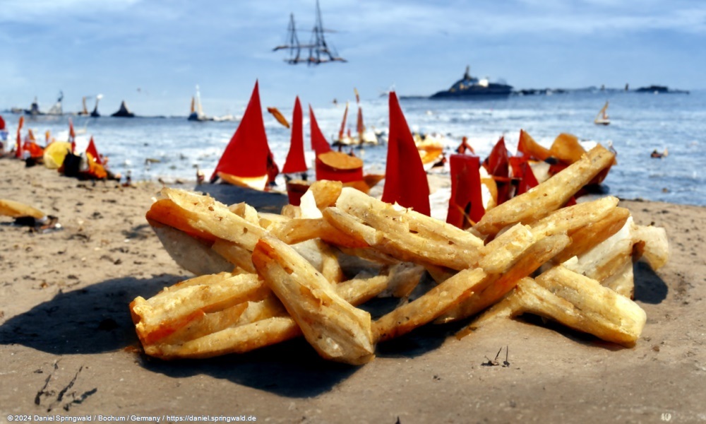 A photo of french fries on the beach with sailboats in the background by Disco Diffusion v5 Turbo