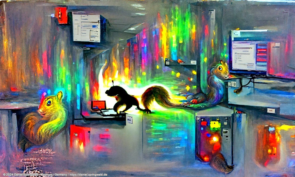 A beautiful painting of a squirrel at a computer in a server room, with lots of colorful lights by Disco Diffusion v5 Turbo