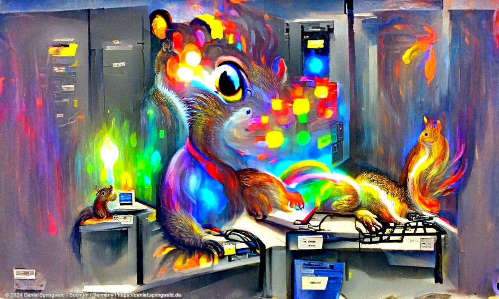 A photo of a squirrel at a computer in a server room, with lots of colorful lights by Disco Diffusion v5 Turbo