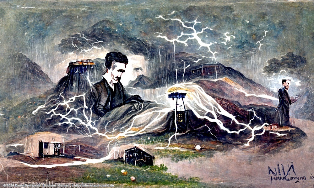 A beautiful painting of a Nikola Tesla holding a battery on a hill during a thunderstorm by Disco Diffusion v5 Turbo)