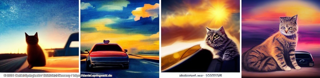 A beautiful painting of a cat laying on a car in front of a beautiful sunset by Latent Diffusion Models (LDM)