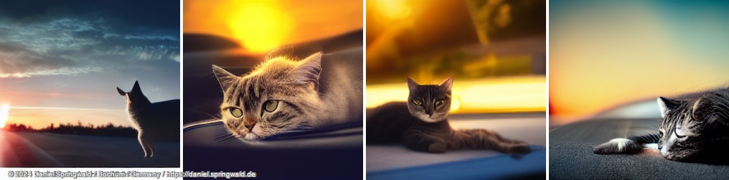A photo of a cat laying on a car in front of a beautiful sunset by Latent Diffusion Models (LDM)