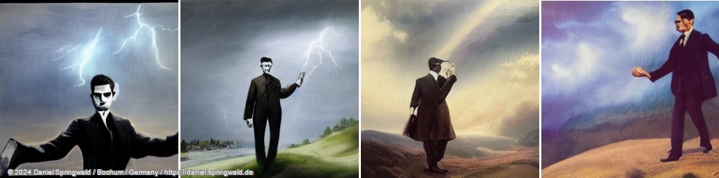 A beautiful painting of a Nikola Tesla holding a battery on a hill during a thunderstorm by Latent Diffusion Models (LDM)