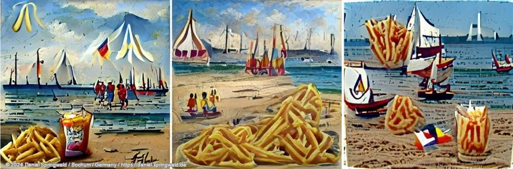 A beautiful painting of french fries on the beach with sailboats in the background by Latent Diffusion Models (LDM)