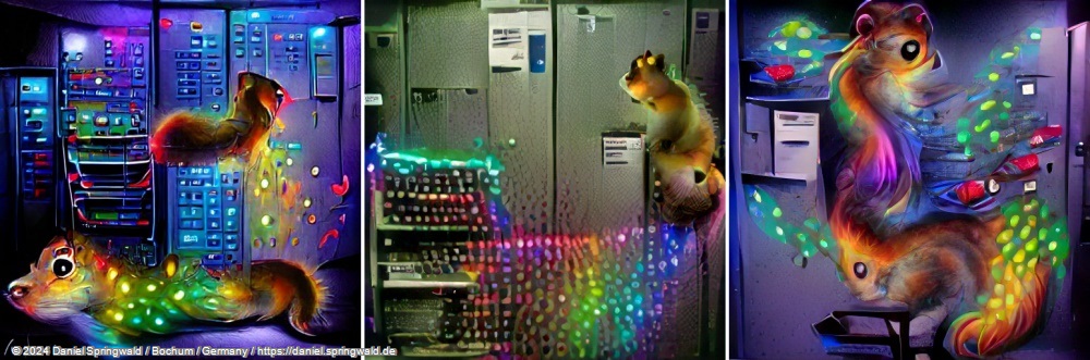 A beautiful painting of a squirrel at a computer in a server room, with lots of colorful lights by Latent Diffusion Models (LDM)