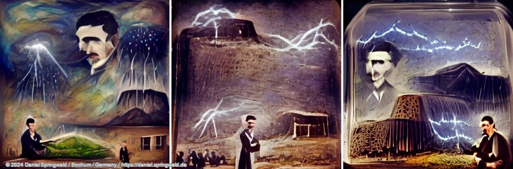 A beautiful painting of a Nikola Tesla holding a battery on a hill during a thunderstorm by Latent Diffusion Models (LDM)